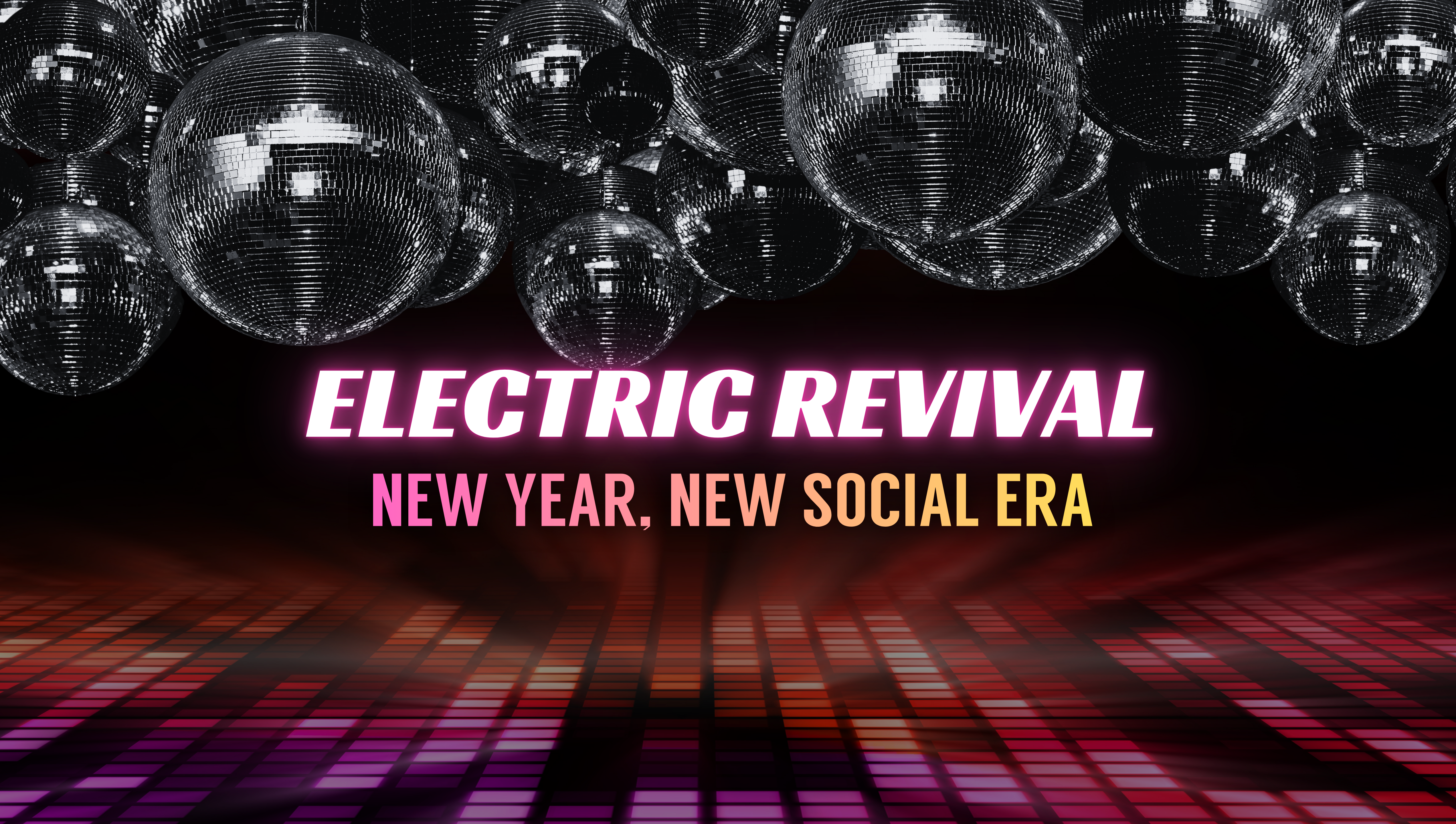 Rows of shiny disco balls hang above a glowing dance floor with the words 