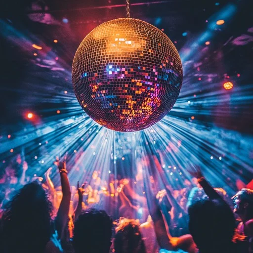 A large disco ball hangs above a crowded dance floor, reflecting colorful lights as people dance with their hands in the air, celebrating New Year's Eve in a lively, energetic nightclub setting.