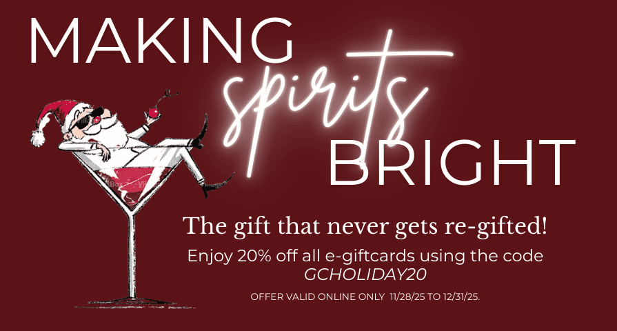 A festive ad with "Making Spirits Bright" text, featuring a cartoon Santa relaxing in a martini glass. Promo: 20% off e-gift cards with code GCHOLIDAY20, valid online 11/28/25–12/15/25.
