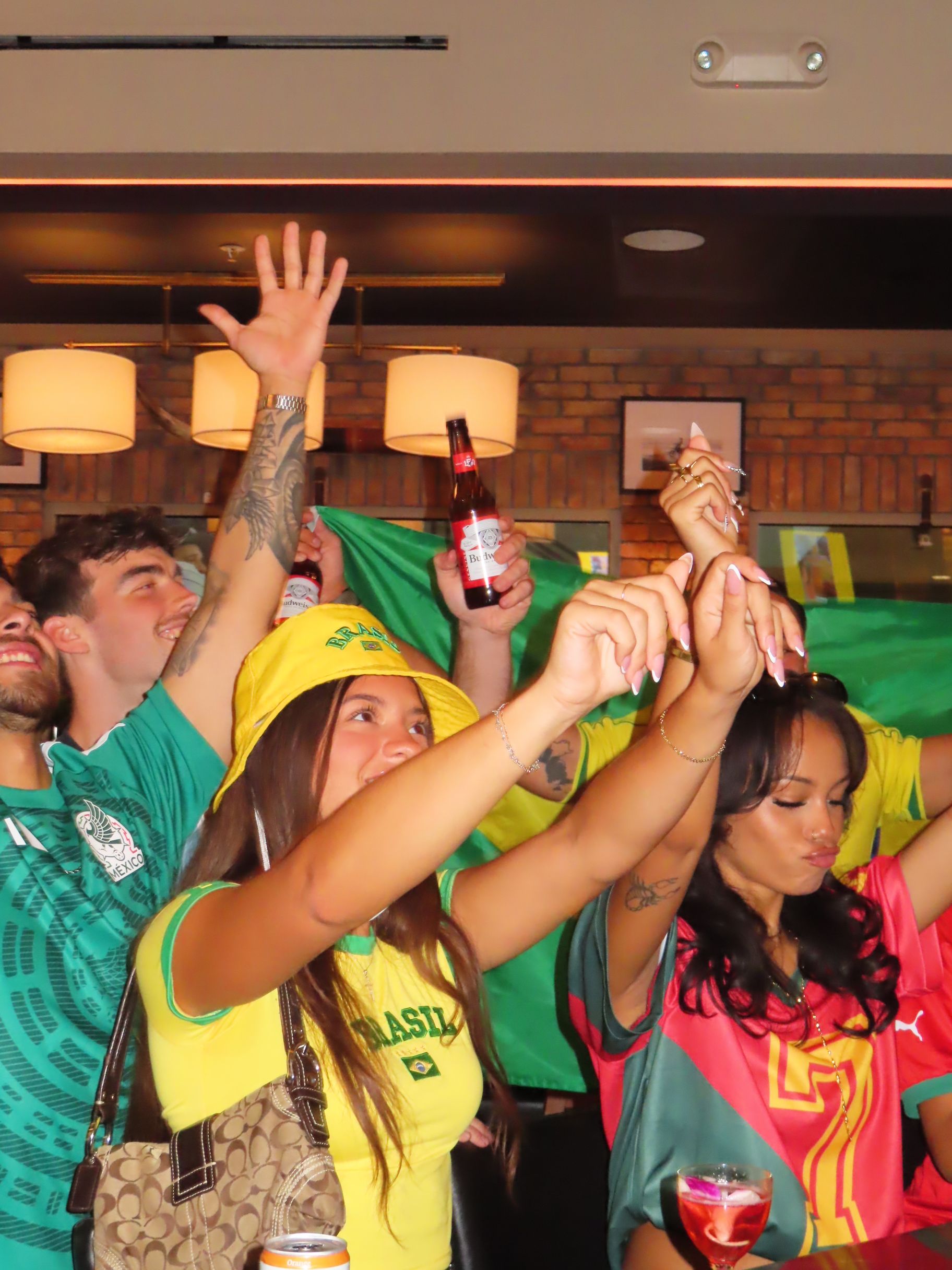 A group of enthusiastic soccer fans wearing colorful team jerseys and waving arms cheer inside a bar. They hold drinks, a Brazilian flag is visible in the background, and the lively atmosphere rivals the energy of Gasparilla festivities.