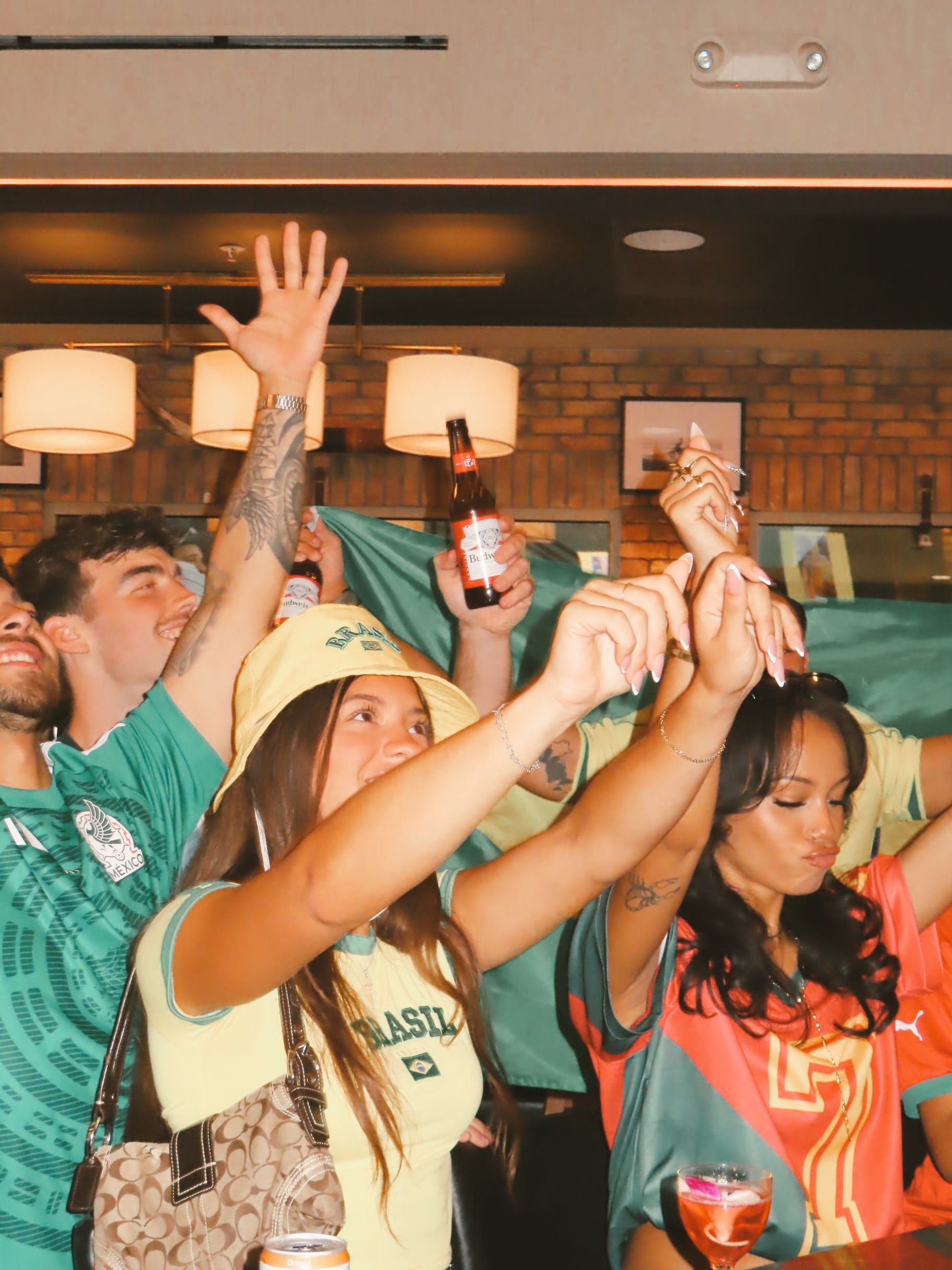 A group of enthusiastic soccer fans in jerseys and hats cheer and raise their arms, celebrating the upcoming World Cup 2026 indoors. Some hold drinks, and a Brazilian flag is visible in the background.